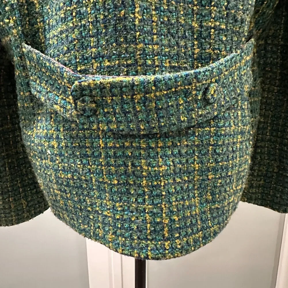 Vintage 90s Esprit Green Yellow Tweed Blazer Mini Skirt Suit Set Size 5/6 Small
